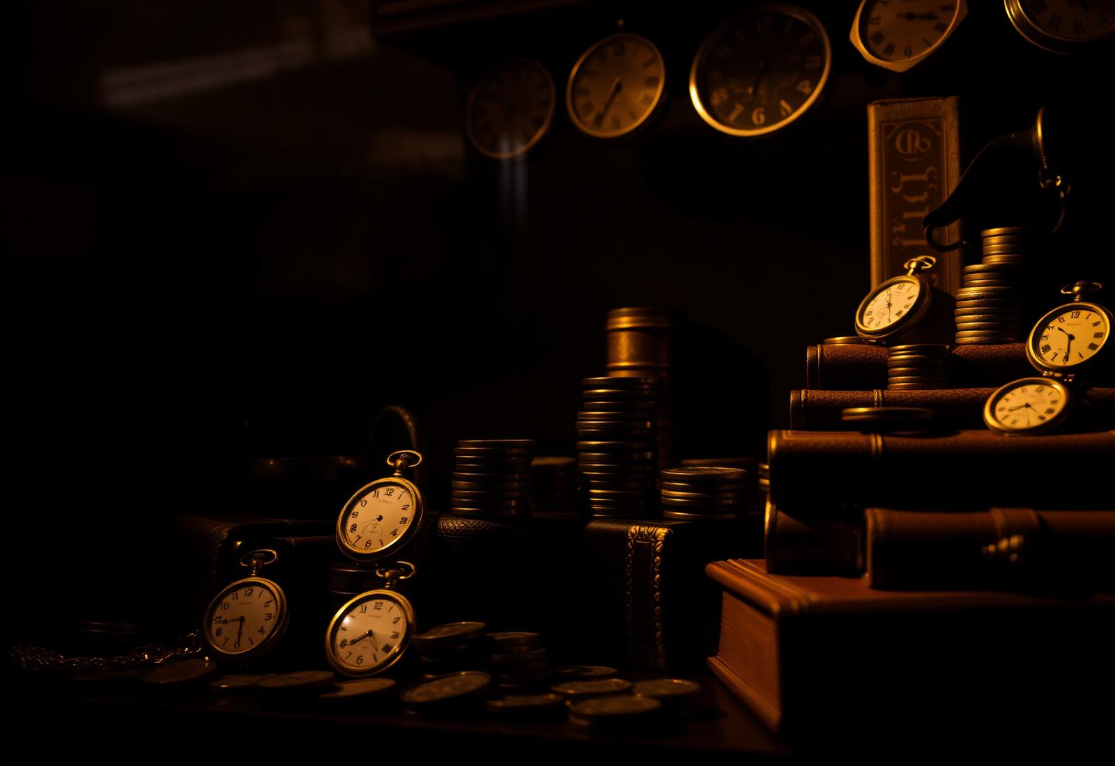 Vintage pocket watches, coins and antique books lit with warm gold light